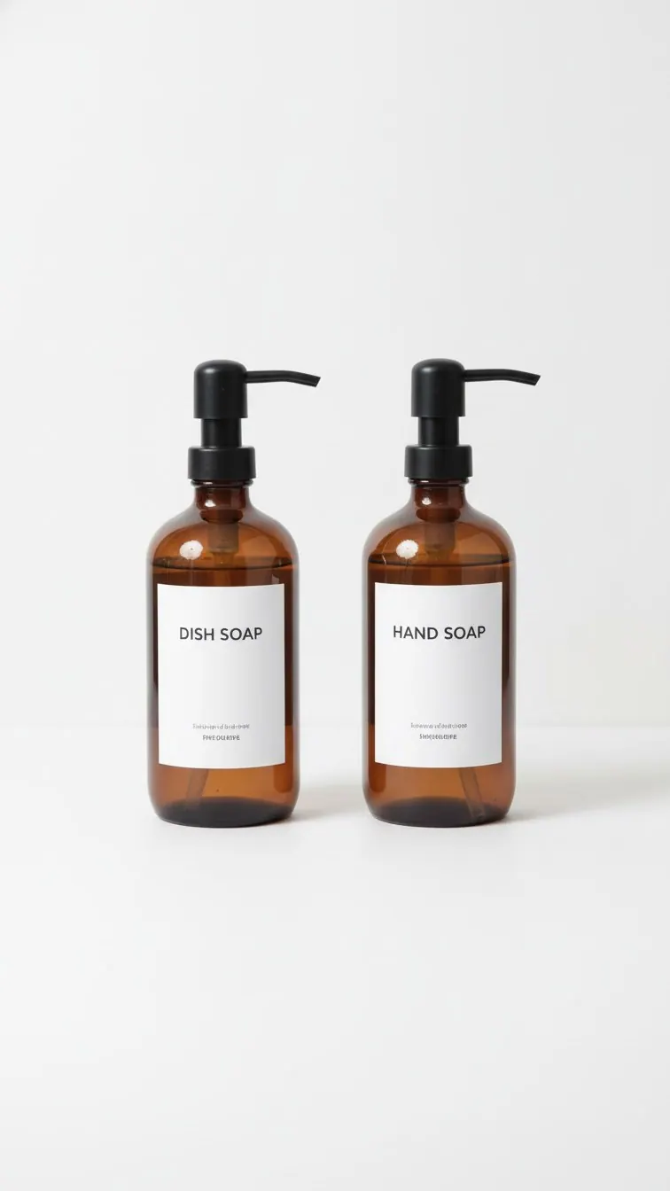 Two amber glass soap and lotion dispensers with black pumps