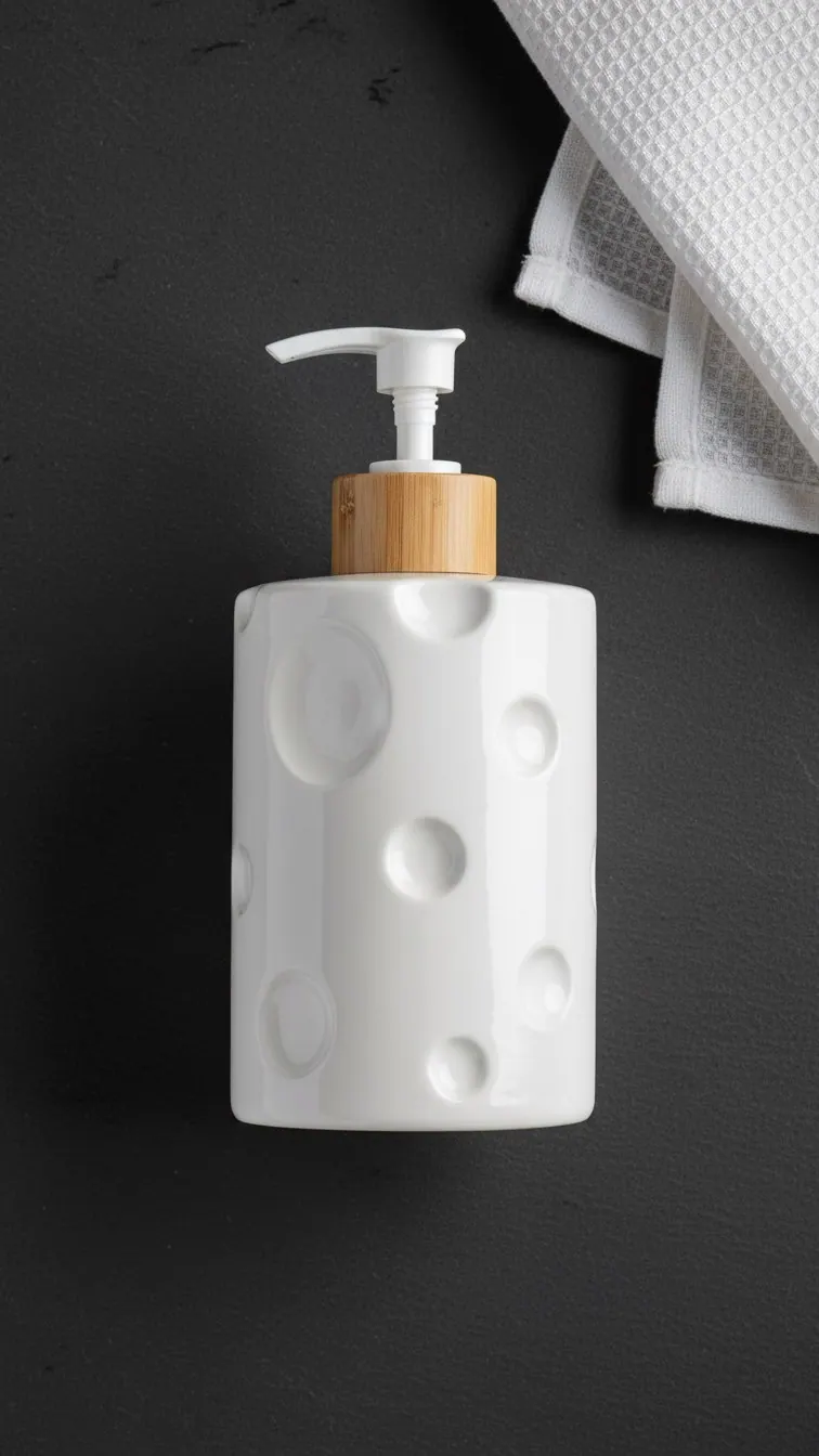 A white dimpled ceramic soap dispenser with a bamboo pump on black stone