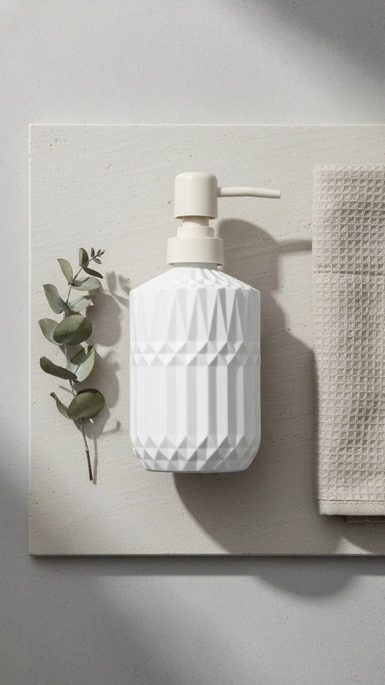 A white faceted ceramic dispenser beside eucalyptus