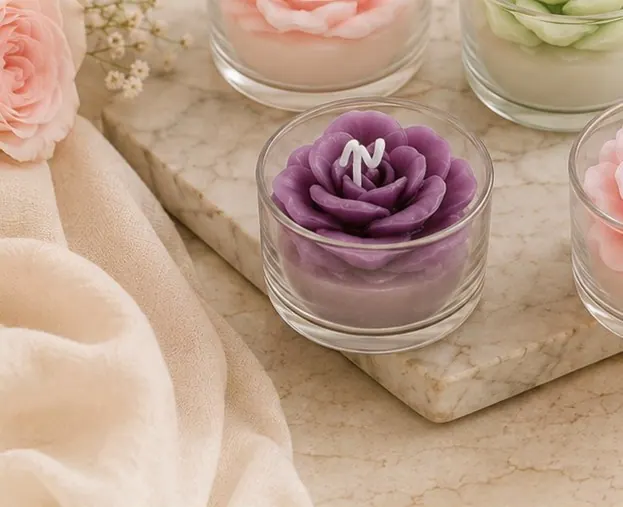 Rose-form candles poured into glass cups on marble
