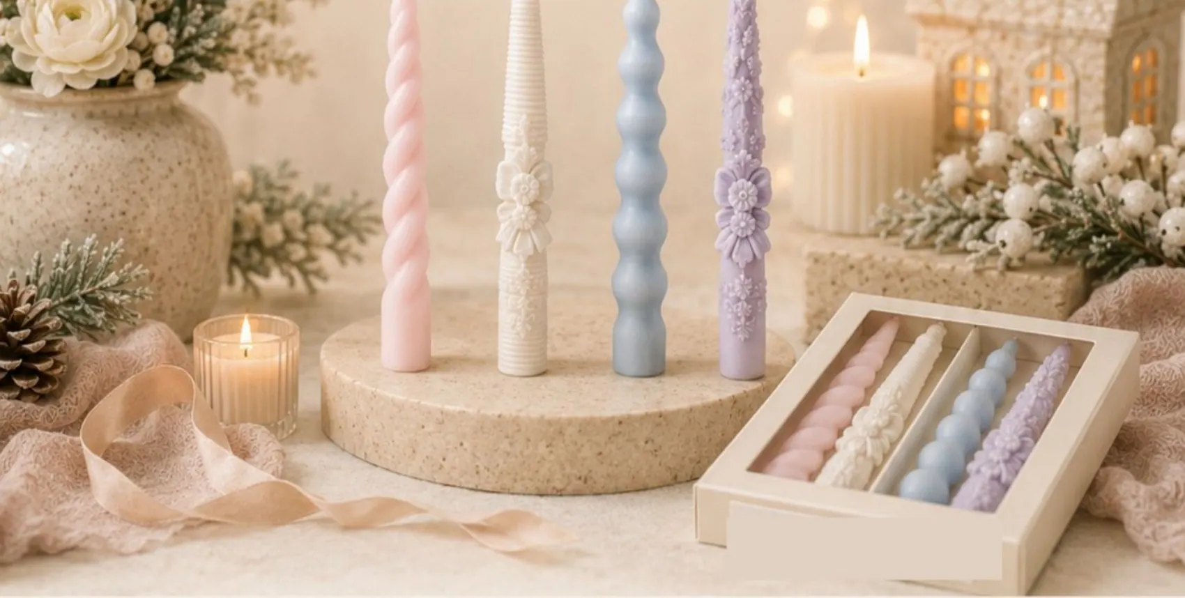 Twisted and beaded taper candles in soft pastels with a gift box