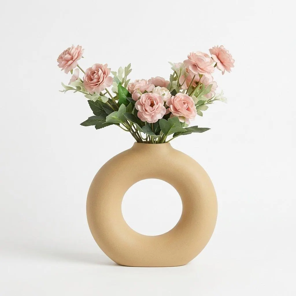 A sand-colored ring vase holding pink garden roses
