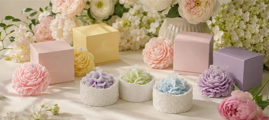 Sculpted floral candles in pastel tones with matching gift boxes among fresh flowers