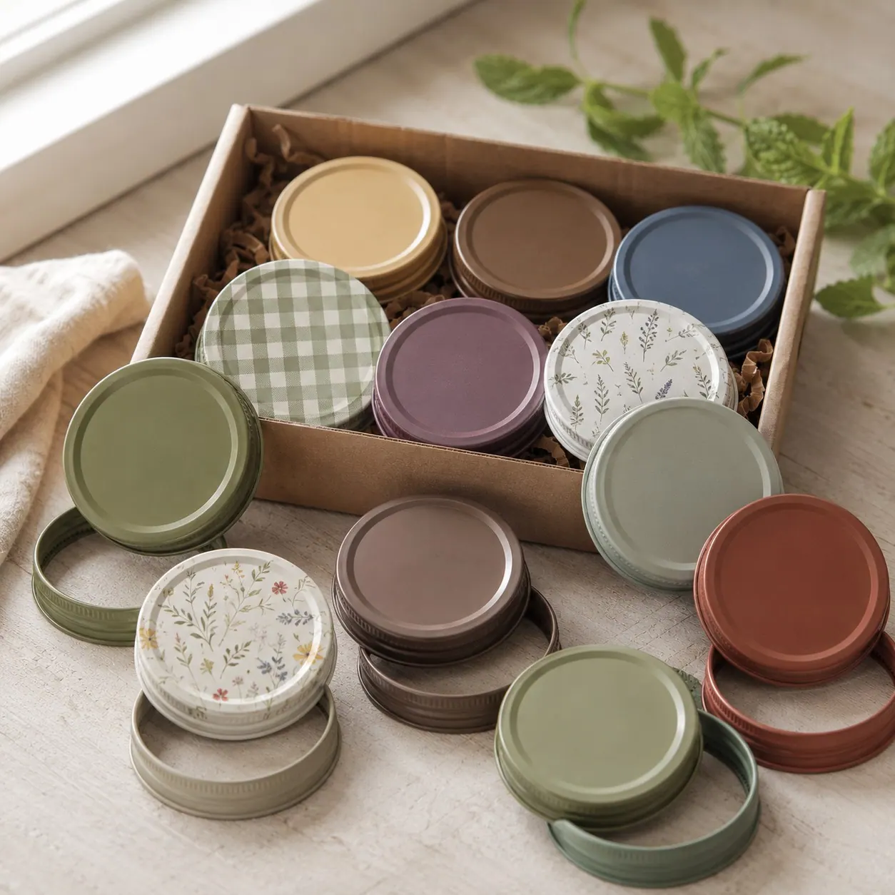 An assortment of solid, gingham and floral jar lids arranged in and around a kraft box