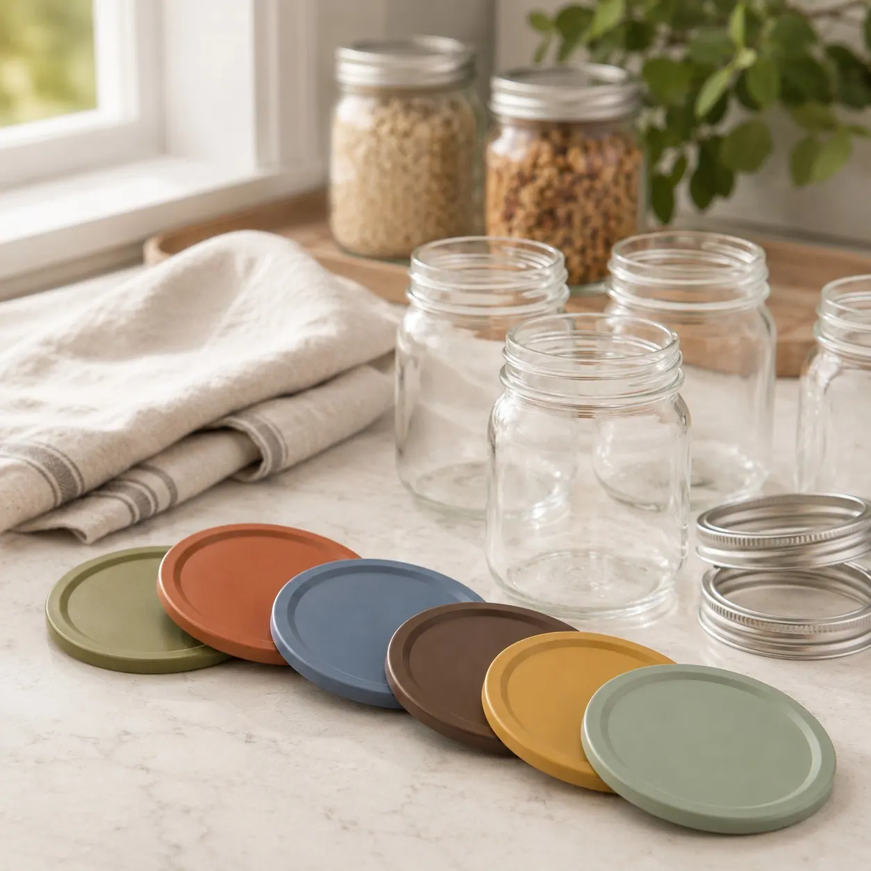 Clear mason jars on a marble counter with a row of colored matte lids