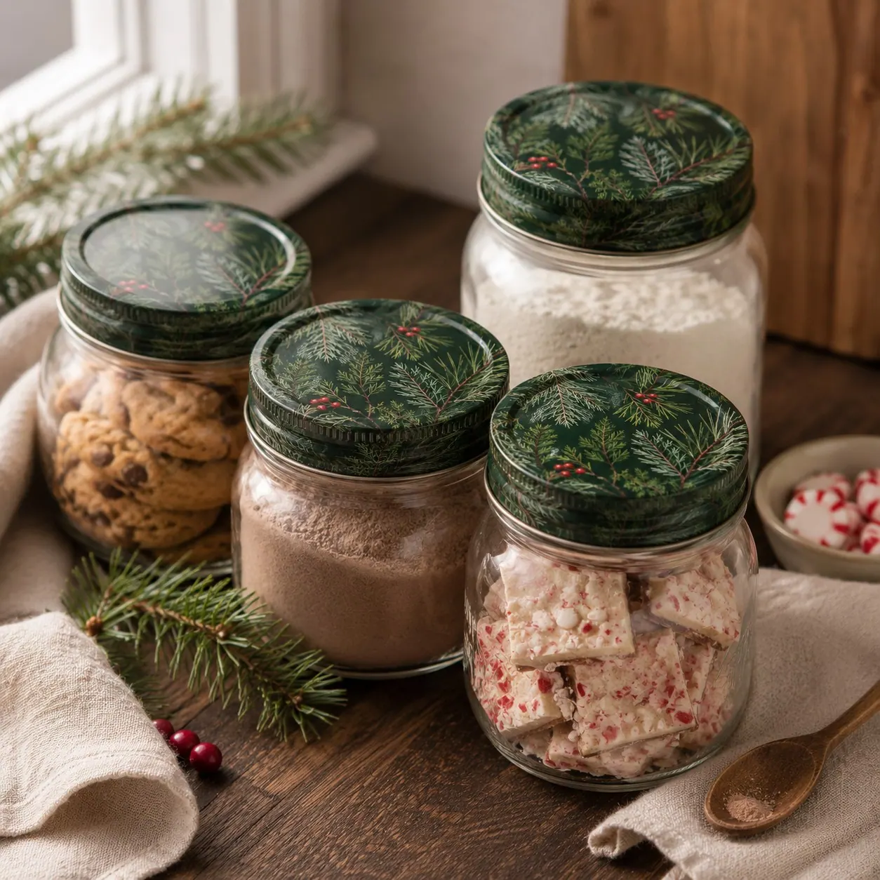Holiday treat jars with evergreen-print lids and pine sprigs