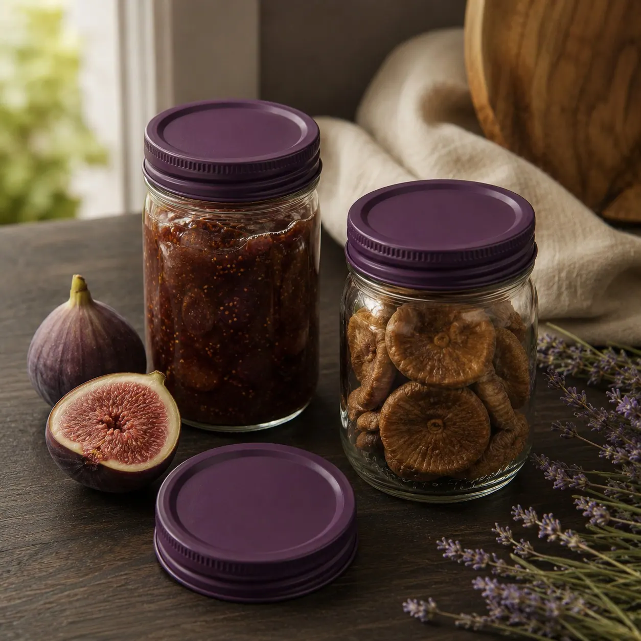 Jars of fig preserves with deep plum lids beside fresh figs and lavender