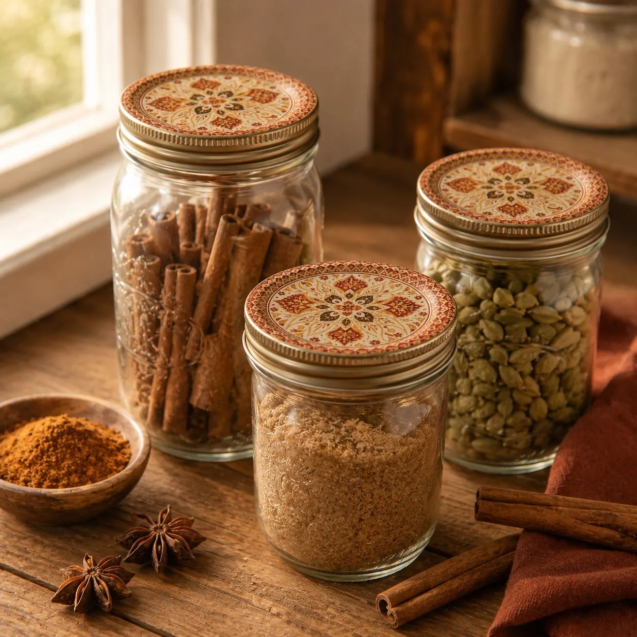 Spice jars with folk-pattern harvest lids, cinnamon sticks and star anise