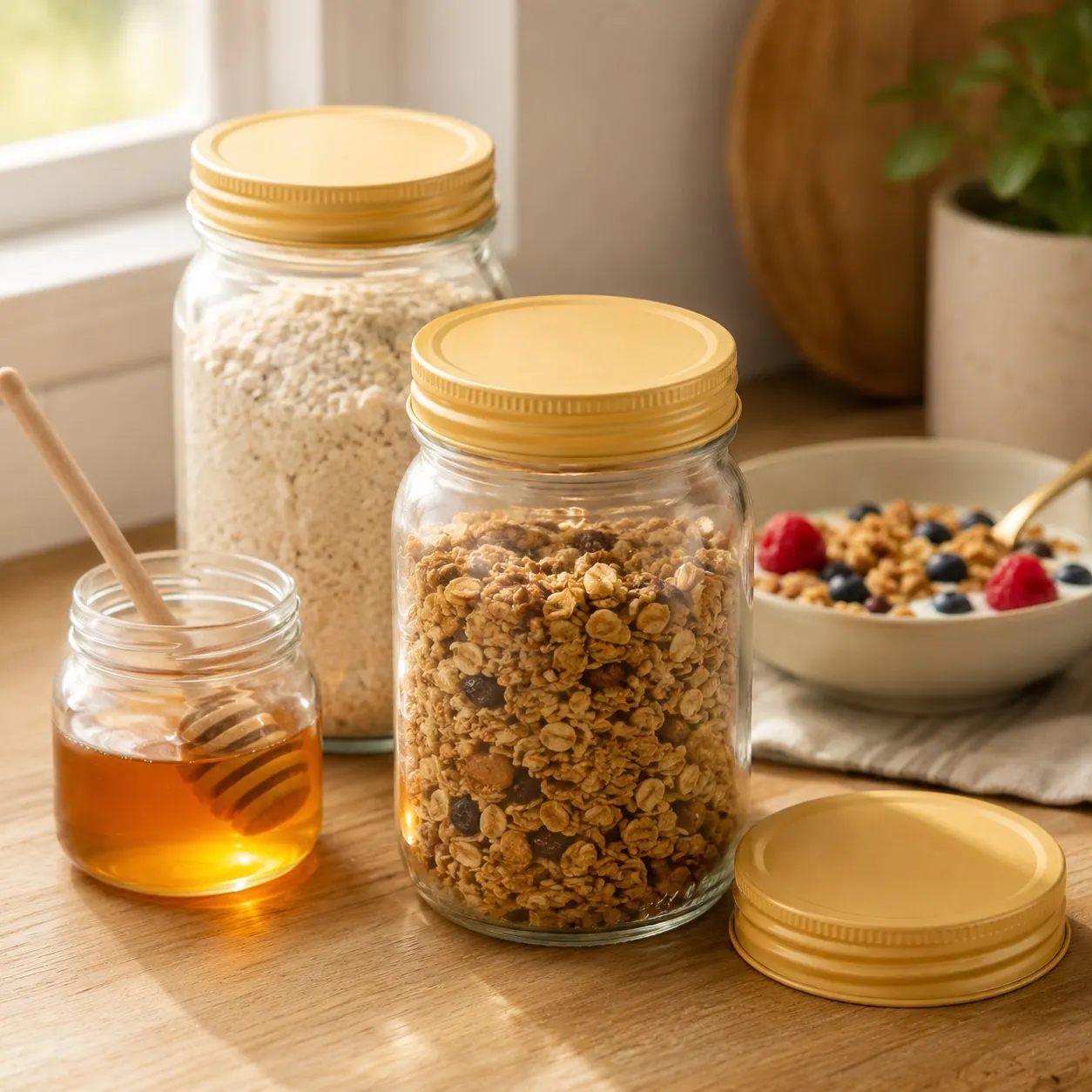 Pantry jars of granola and oats with honey-gold lids