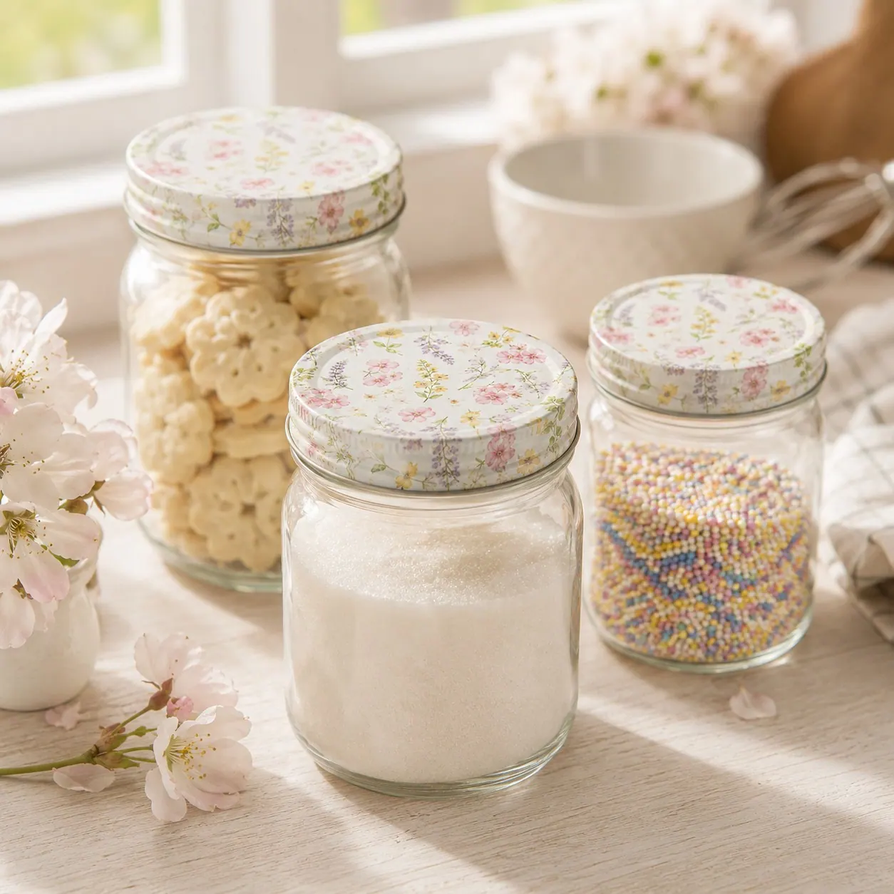 Baking jars with soft floral-print lids beside spring blossoms