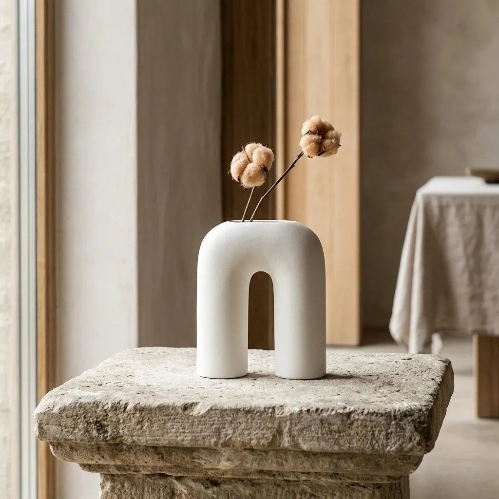 A white ceramic arch vase holding dried cotton stems on a stone pedestal