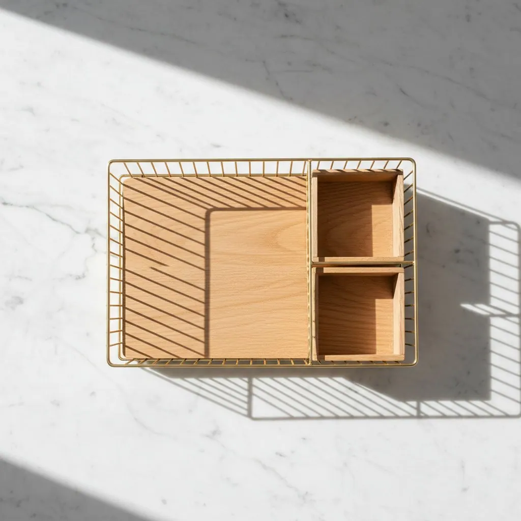 A brass wire organizer with wooden compartments on marble