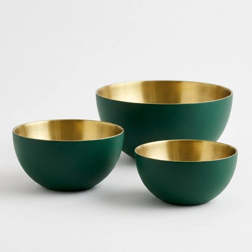 Three forest-green stainless steel bowls with brushed-gold interiors