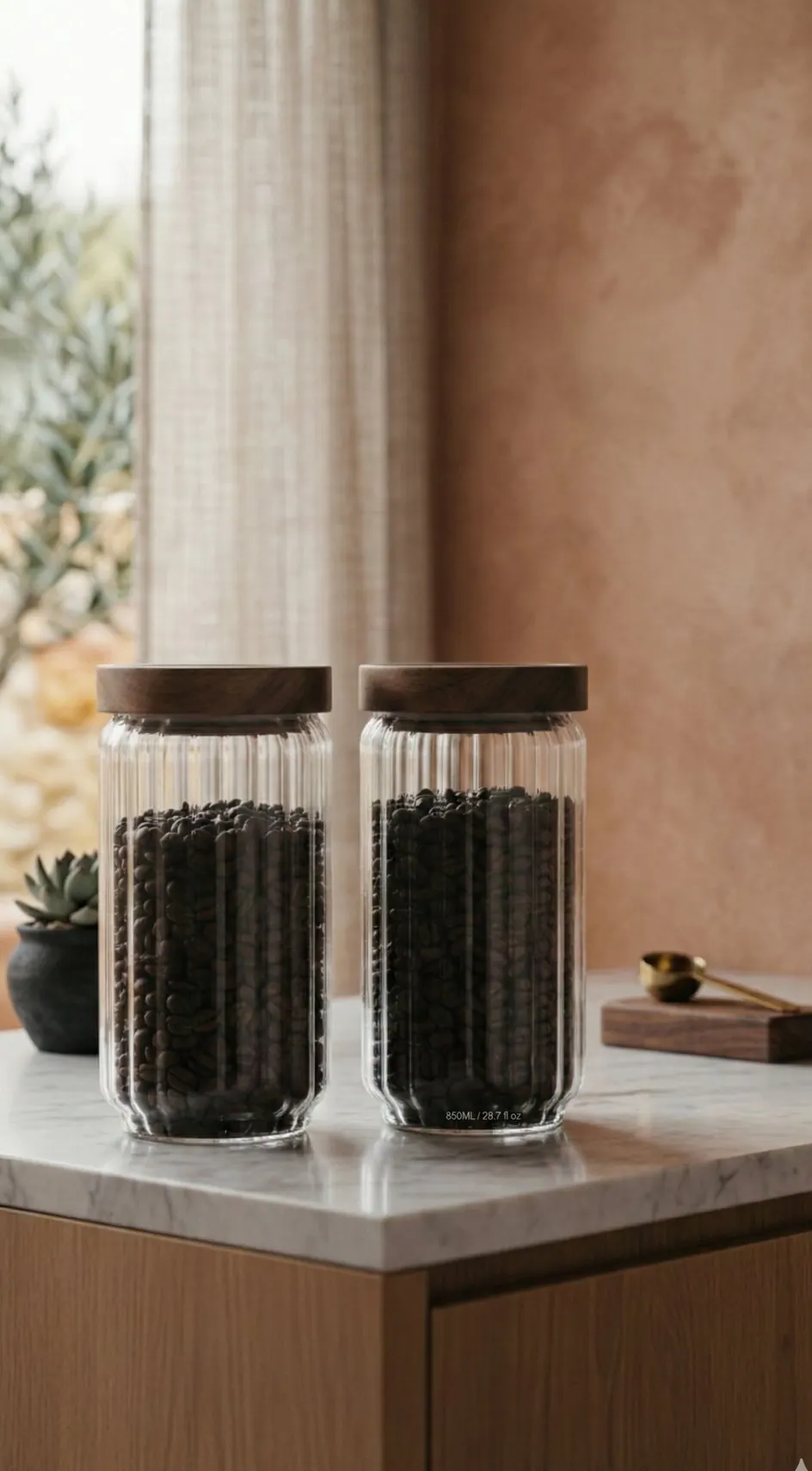 Fluted glass canisters with acacia wood lids holding coffee beans on a counter