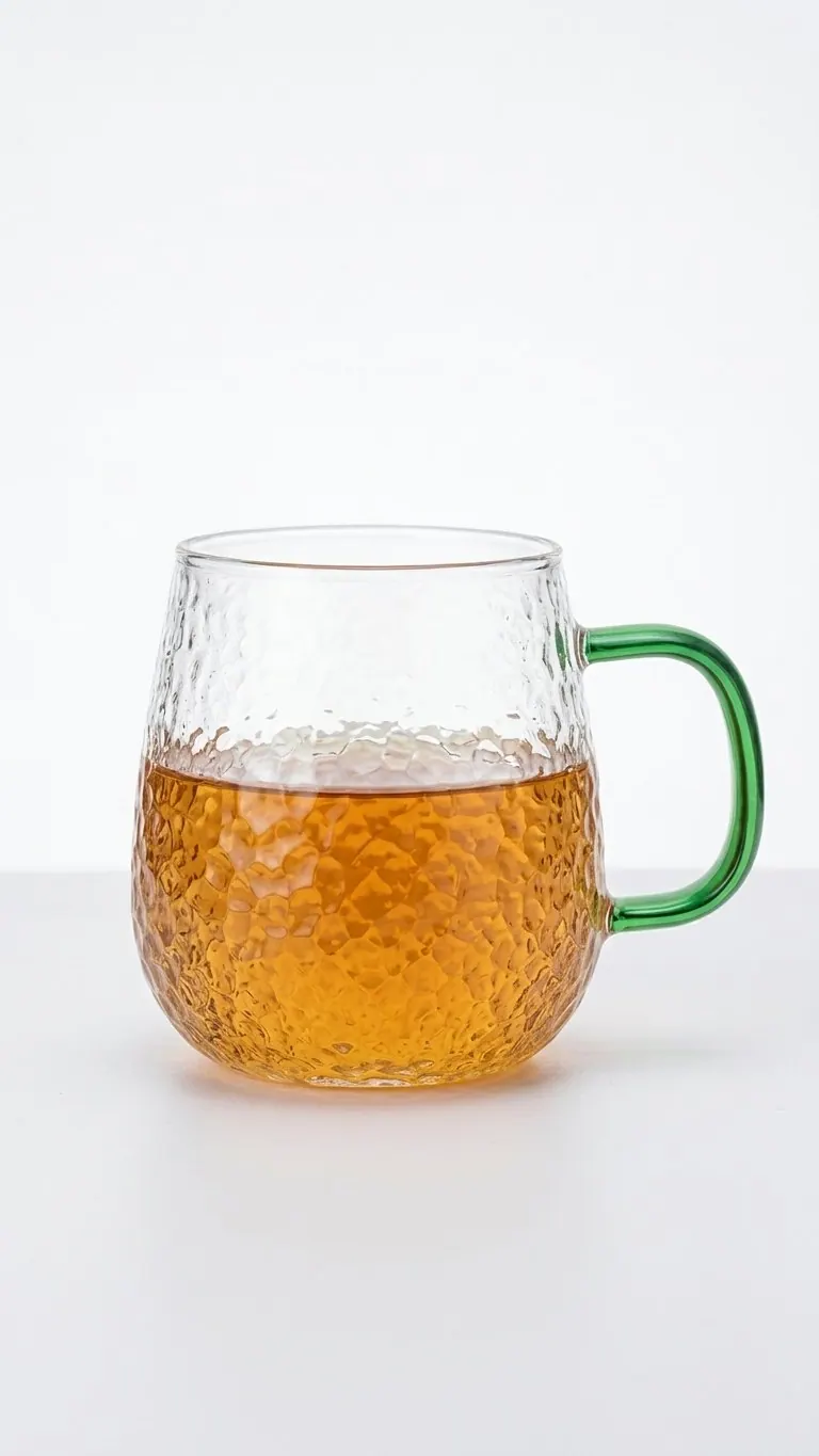 A hammered glass mug with a green handle, filled with tea
