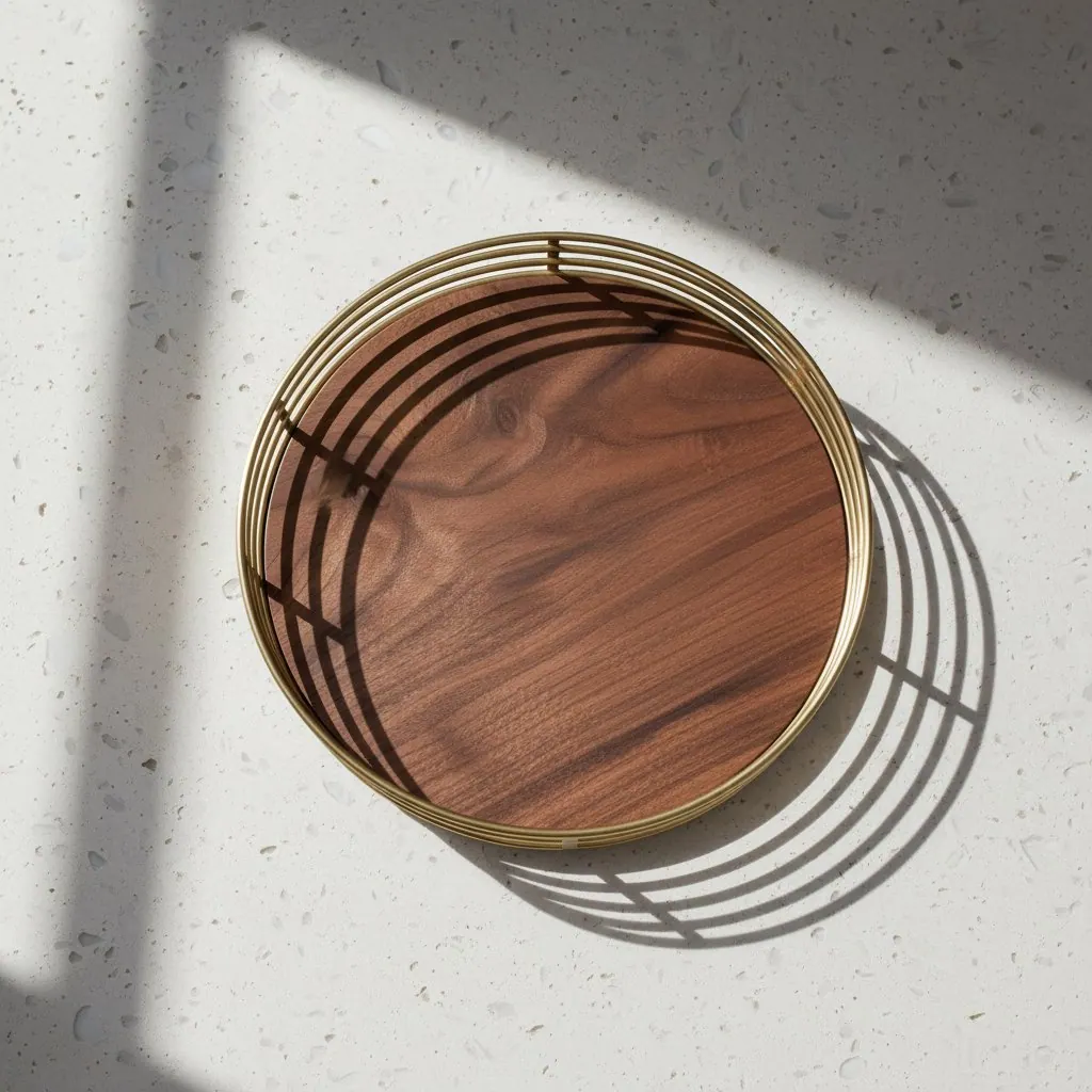 A round walnut serving tray in a brass wire frame on stone