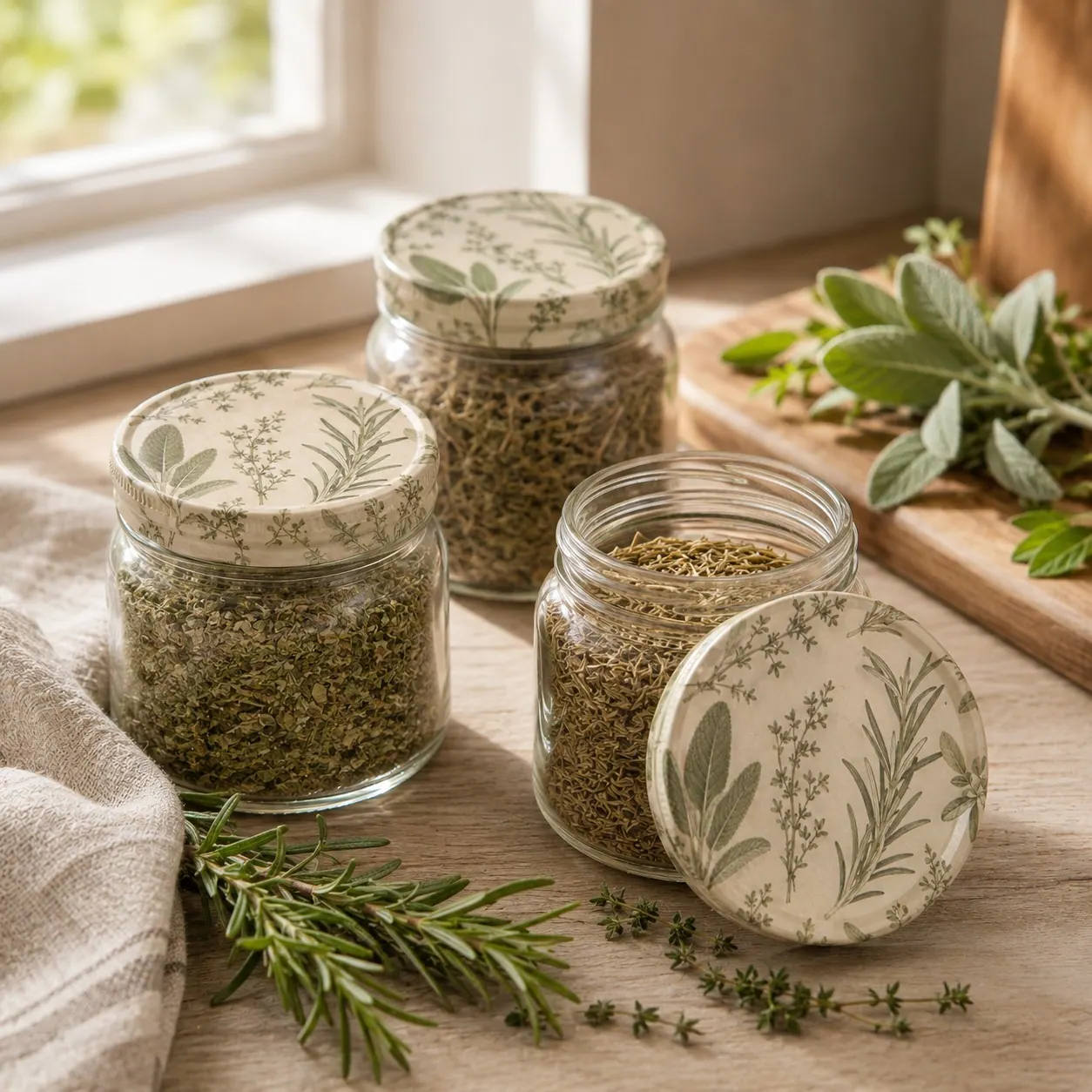 Glass pantry jars of dried herbs with botanical-print lids beside fresh rosemary and sage