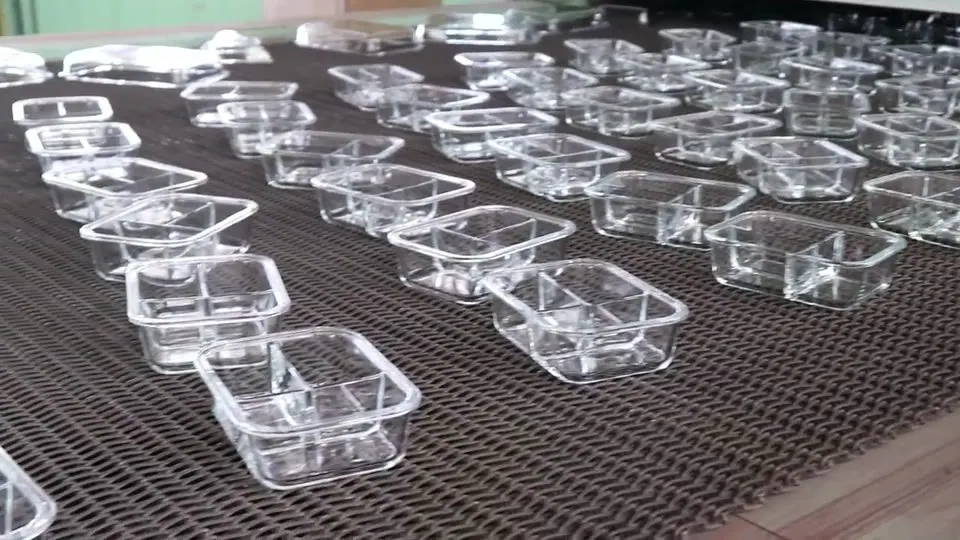 Freshly formed glass containers on an annealing belt